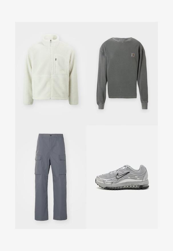 The North Face - Kurtka z polaru; Szary longsleeve z okrągłym dekoltem, wykonany z materiału o prążkowanej teksturze, z małą kwadratową naszywką z logo na lewej piersi oraz prążkowanymi mankietami.; Szare spodnie cargo wykonane z trwałej tkaniny. Cechy to elastyczny pas, dwie duże kieszenie boczne oraz proste nogawki.; Szare sneakersy Nike Air Max z siateczkowym i syntetycznym wierzchem, falistym wzorem, czarnymi akcentami oraz widoczną jednostką poduszkową powietrza.
