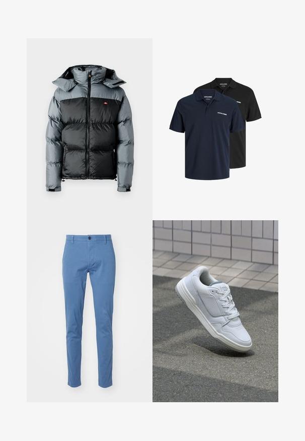 Prešívaná bunda s čiernou spodnou časťou a sivou hornou časťou. Má vysoký golier, zapínanie na zips a pripevnenú kapucňu.; Dvoje polokošieľ: jedny námornícke s bielym logom a jedny čierne. Obe majú klasický golier a krátke rukávy, sú vyrobené z ľahkej tkaniny.; DOCKERS SMART SUPREME FLEX SKINNY - Nohavice chinos - bluefin; Biele kožené tenisky s perforovanými stranami, textúrovanými akcentmi, plochými šnúrkami a kontrastnou sivou pätou. Majú mierne zvýšenú podrážku.