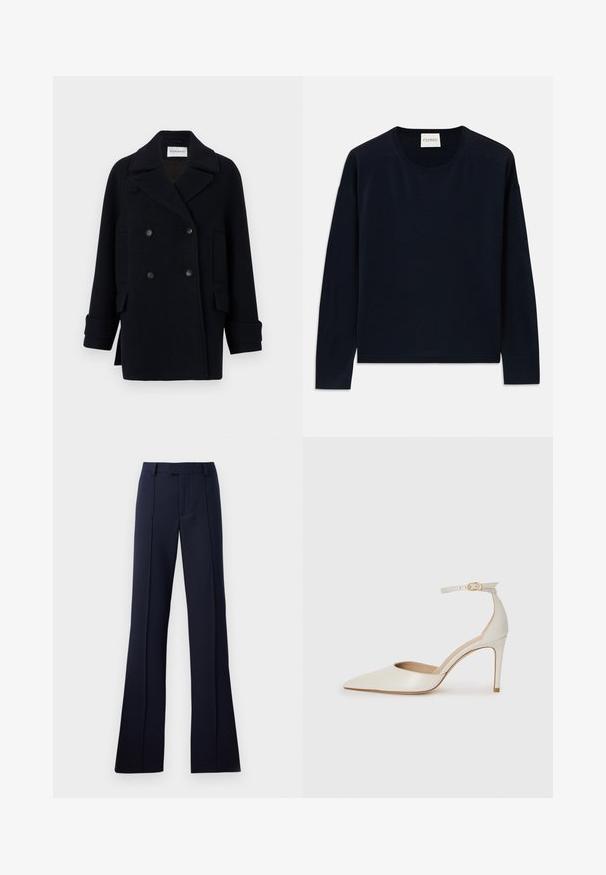 CLOSED CABAN JACKET - Klasisks mētelis - dark night; Jūras zila garām piedurknēm apģērba krekls ar mīkstu, gludu audumu un brīvu piegriezumu. Iekļautas ribotas piedurknes un apakšmala, etiķete pie kakla.; Tumši zili, izplestie bikses, kas izgatavotas no gludas auduma. Iezīmētais priekšējais griezums, jostas cilpas un presētas krokas. Redzami nav ne raksti, ne akcenti.; Baltas ādas augstpapēžu kurpes ar smailu purngala daļu, potītes siksniņu un šauru stiletto papēdi. Gluda tekstūra ar smalku spīdumu.