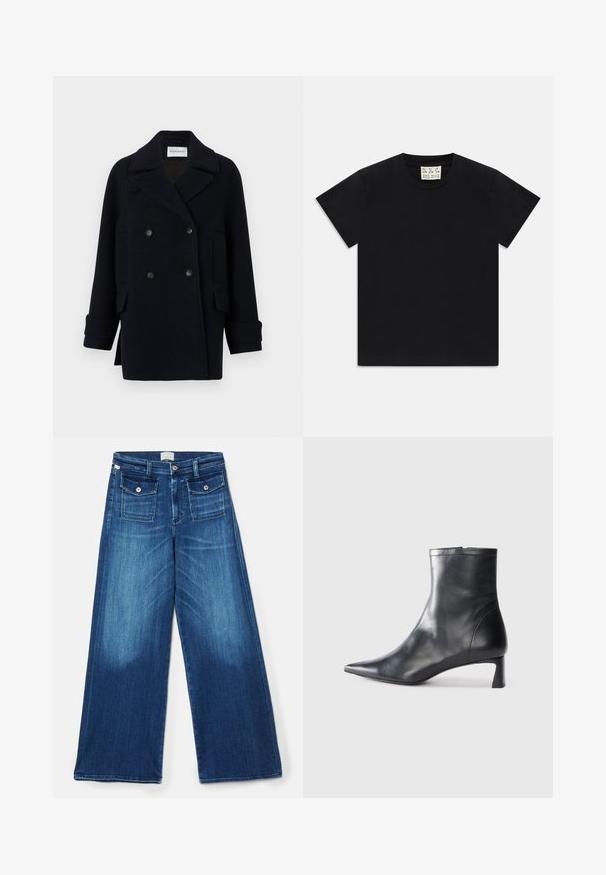 CLOSED CABAN JACKET - Klasični plašč - dark night; Črna kratka majica s kratkimi rokavi in krožnim izrezom, z belim etiketom znotraj ovratnika, označenim z "D.R.C. EST. 2002", na belem ozadju.; Široke jeans hlače v temno modri barvi. Imajo pet žepov, srebrno strojno opremo in gladko teksturo. Tkanina prikazuje subtilno bledenje.; Črne usnjene gležnjarje s šiljastim nosom in elegantnim dizajnom. Imajo nizko peto in zadrgo na zadnji strani. Gladka tekstura.