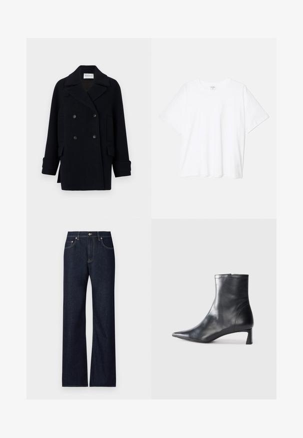 CLOSED CABAN JACKET - Klassinen takki - dark night; Valkoinen puuvillapaita lyhyillä hihoilla, pyöreällä pääntiellä, rentoa tyyliä ja ommeltu helma. Tunniste näkyvissä sisäkauluksessa.; Tummansininen farkkutakki suoraan lahkeilla, jossa on viisi taskua, kontrastivärinen keltainen ommel ja metallinen nappikiinnitys.; Musta nahkainen nilkkabotti, jossa on teräväkärkinen muotoilu ja tyylikäs design. Varusteena matala korko ja takana vetoketjukiinnitys. Sileä pinta.