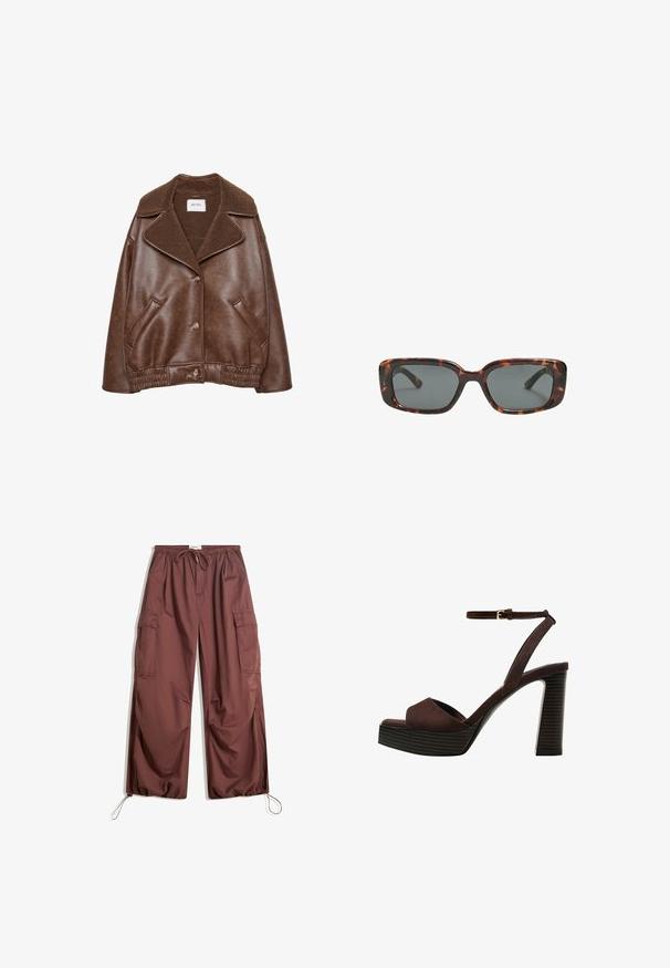 Hnedá umelá kožená bunda s ovčou kožušinou vo vnútri, široký golier, gombíková léga, bočné vrecká a elastický lem.; Biela krátkopsová tričko vyrobené z bavlny. Má okrúhly výstrih a voľný strih. Hladká textúra bez viditeľných vzorov alebo akcentov.; Béžové široké nohavice s elastickým pásom, šnúrkou na stiahnutie, veľkými bočnými vreckami a nastaviteľnými šnúrkami na členkoch.; Hnedé semišové sandále na vysokom podpätku s otvorenou špičkou, nastaviteľným členkovým remienkom a pruhovanou platformovou podrážkou.; Rámiky slnečných okuliarov v štýle korytnačiny s obdĺžnikovými šošovkami, hrubými rámami a tmavými tónovanými šošovkami. Hladký povrch a minimalistický dizajn.