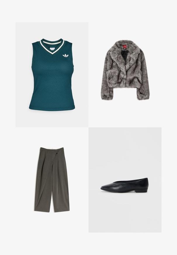 Gray faux fur cropped jacket with a wide collar, long sleeves, and two front pockets. Soft texture with a slight sheen.; Cropped gray hoodie made of soft fabric, featuring a zip front, large hood, and two front pockets with elastic cuffs.; Teal sleeveless top with a V-neck, featuring a textured pattern and white accent stripes around the neck. Includes a small logo on the chest.; Wide-legged trousers in a dark grey fabric. Features a flat front, side pockets, and a single button closure. Smooth texture, tailored fit.; Black leather flat shoe with a pointed toe, slightly raised heel, and smooth surface. Simple design with no visible hardware or patterns.