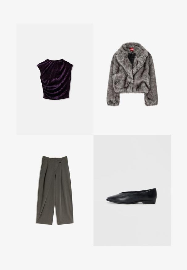 Giacca cropped in pelliccia sintetica grigia con ampio colletto, maniche lunghe e due tasche frontali. Tessuto morbido con una leggera lucentezza.; Top corto in velluto viola con scollatura rotonda, maniche a sbuffo e texture arricciata sul retro, che mette in evidenza un materiale liscio e ricco.; Pantaloni a gamba larga in un tessuto grigio scuro. Presentano una parte anteriore piatta, tasche laterali e una chiusura con un solo bottone. Tessuto liscio, vestibilità sartoriale.; Scarpa piatta in pelle nera con punta appuntita, tacco leggermente rialzato e superficie liscia. Design semplice senza hardware o motivi visibili.