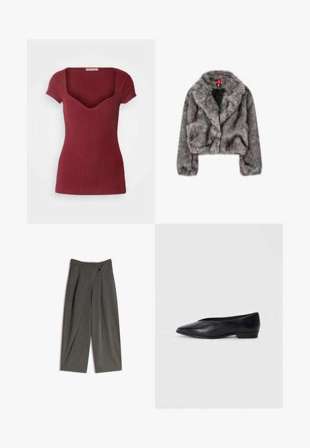 Gray faux fur cropped jacket with a wide collar, long sleeves, and two front pockets. Soft texture with a slight sheen.; Ribbed burgundy top with a fitted design, short sleeves, and a deep V-neck. Made from soft fabric, featuring a smooth texture.; Wide-legged trousers in a dark grey fabric. Features a flat front, side pockets, and a single button closure. Smooth texture, tailored fit.; Black leather flat shoe with a pointed toe, slightly raised heel, and smooth surface. Simple design with no visible hardware or patterns.