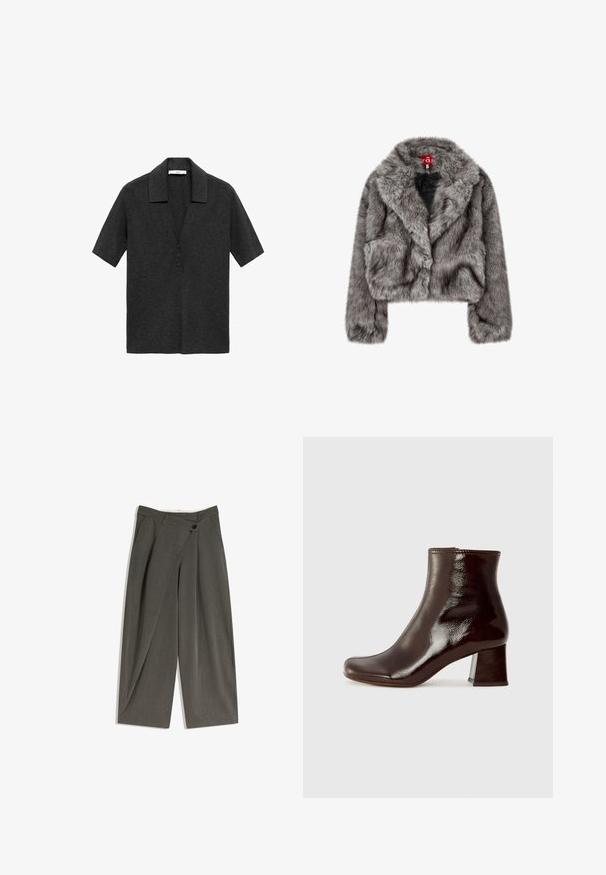 Grijze nep bont cropped jack met een brede kraag, lange mouwen en twee voorzakken. Zachte textuur met een lichte glans.; Donkergrijze polo met korte mouwen, gemaakt van zachte stof, met een notch-kraag en een drie-knopen sluiting aan de voorkant.; Cropped broek met wijde pijpen in een donkergrijze stof. Heeft een platte voorkant, zijzakken en een enkele knoopsluiting. Glad textuur, op maat gemaakte pasvorm.; Chie Mihara MUKI - Enkellaarsjes met sleehak - sucre choco