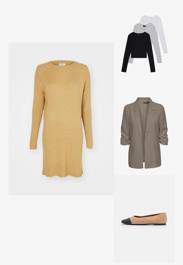 Blazer bej, cu croi lejer, fabrică netedă, are mâneci suflate, două buzunare laterale și un design cu rever zimțat.; Rochie tricotată ribbed muștar, cu mâneci lungi, guler rotund și slituri laterale la tiv. Prezintă un material moale, texturat.; Trei bluze cu mânecă lungă așezate: neagră, gri și albă. Fiecare are un guler rotund și un design scurt, realizat dintr-un material fin și ușor.; Baletă din suede bej cu vârf rotund din piele neagră, toc jos și textură netedă, având cusături minime și un design curat.