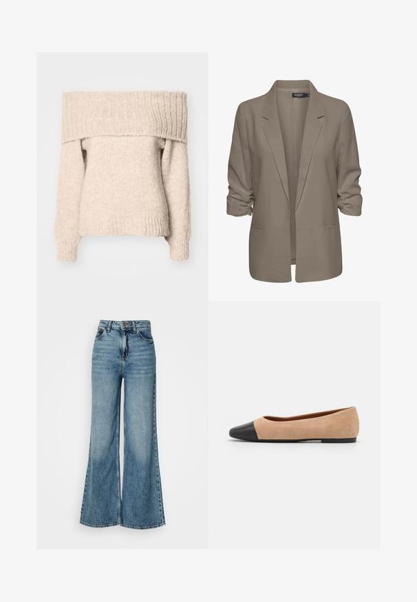 Beige, losse blazer van een gladde stof, met opgerolde mouwen, twee zijzakken en een geknipt revers ontwerp.; Beige off-the-shoulder trui gemaakt van gestructureerde gebreide stof, met een brede ribbelkraag en lange mouwen met aansluitende boorden.; Hooggewaisted, lichtblauwe wijdvallende denimjeans met voorzakken en knoopsluiting, weergegeven tegen een effen witte achtergrond.; Beige suède ballet flats met een zwarte leren ronde neuskap, lage hak en een gladde textuur, met minimale stiksels en een schone uitstraling.