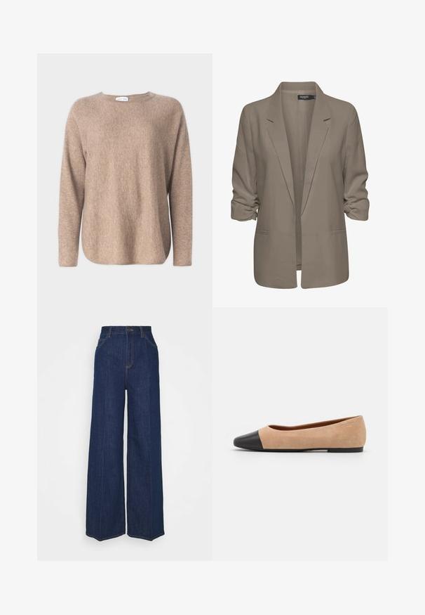 Blazer bej, cu croi lejer, fabrică netedă, are mâneci suflate, două buzunare laterale și un design cu rever zimțat.; Davida Cashmere CURVED SWEATER - Pulover - mink; Trei bluze cu mânecă lungă așezate: neagră, gri și albă. Fiecare are un guler rotund și un design scurt, realizat dintr-un material fin și ușor.; Blugi din denim întunecat, cu talie înaltă și picioare largi, cu buzunare laterale și pe spate, închidere cu buton și detalii vizibile de cusătură.; Baletă din suede bej cu vârf rotund din piele neagră, toc jos și textură netedă, având cusături minime și un design curat.