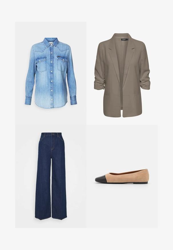 Beige lõdvalt istuv bleiser, valmistatud siledast kangast, millel on üleskeeratud varrukad, kaks küljetaskut ja lõikega krae.; Heled sinine denim särk pikkade varrukatega, terava kraega, kahe rinnataskuga, nööbid ees, ja kangas on kergelt pleekinud. Brändi silt on nähtav.; Kõrge vöökohaga laiad tumesinised teksapüksid, millel on ees- ja tagataskud, nööpide sulgemine ning nähtavad õmblusdetailid.; Beežist nubukist balletkingad musta nahast ümara ninaotsaga, madala kanna ja siledaga, millel on minimaalne õmblus ja lihtne disain.