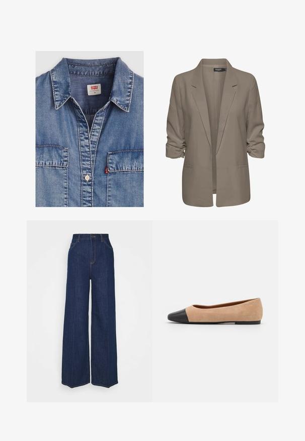 Beige løs blazer lavet af glat stof, har rullede ærmer, to sidelommer og en krave med hak.; Lyseblå denimskjorte med spidse krave, to frontlommer, knaplukning og kontraststingdetaljer. Mærket siger "Levi's."; Høj talje, vid ben, mørkeblå denim jeans med for- og baglommer, knaplukning og synlige syninger.; Beige ruskind balletflade med en sort læder rund tåkap, lav hæl og glat tekstur, der har minimal syning og et enkelt design.