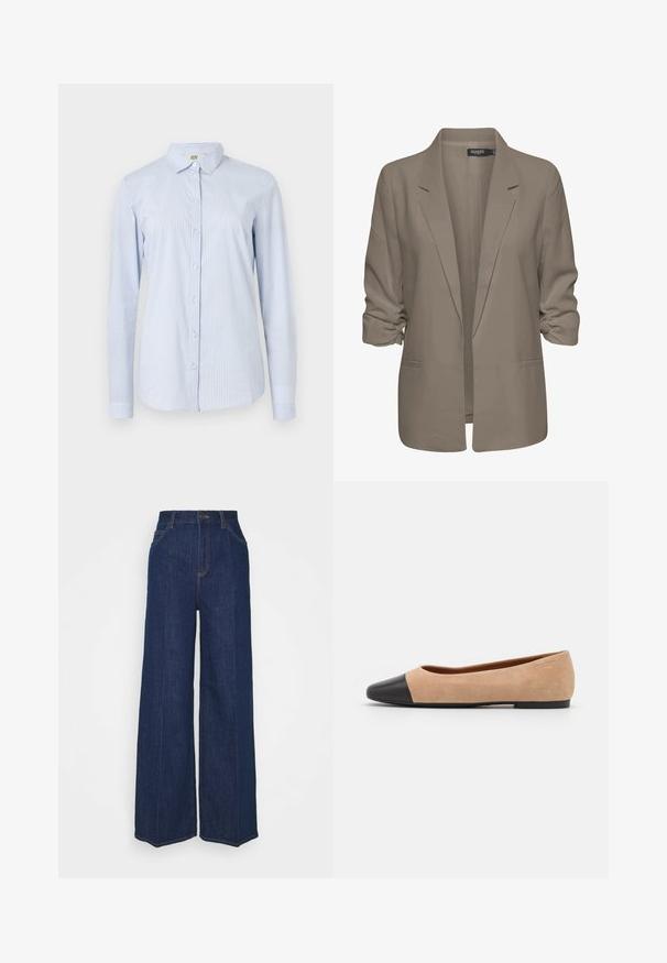 Blazer beige dal taglio morbido, realizzato in tessuto liscio, con maniche arrotolate, due tasche laterali e design con revers a punta.; Camicia a maniche lunghe a righe blu e bianche realizzata in cotone leggero. Presenta un colletto, chiusura con bottoni e silhouette aderente con maniche cuffiate.; Jeans in denim blu scuro a vita alta e gamba larga, con tasche frontali e posteriori, chiusura con bottone e dettagli di cucitura visibili.; Ballerine in suede beige con punta tonda in pelle nera, tacco basso e texture liscia, caratterizzate da cuciture minime e un design pulito.