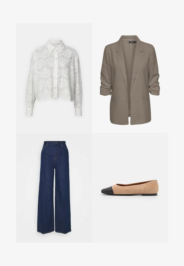 Blazer beige ample, fabriqué en tissu lisse, présente des manches retroussées, deux poches latérales et un design à revers.; Chemise blanche courte à boutons avec des motifs floraux brodés, un col et des manches longues, présentant des découpes en œillet le long des bords.; Jean en denim bleu foncé à taille haute et jambes larges, avec poches avant et arrière, fermeture à bouton et coutures visibles.; Ballet flat en suédine beige avec un embout rond en cuir noir, petit talon et texture lisse, présentant des coutures minimales et un design épuré.