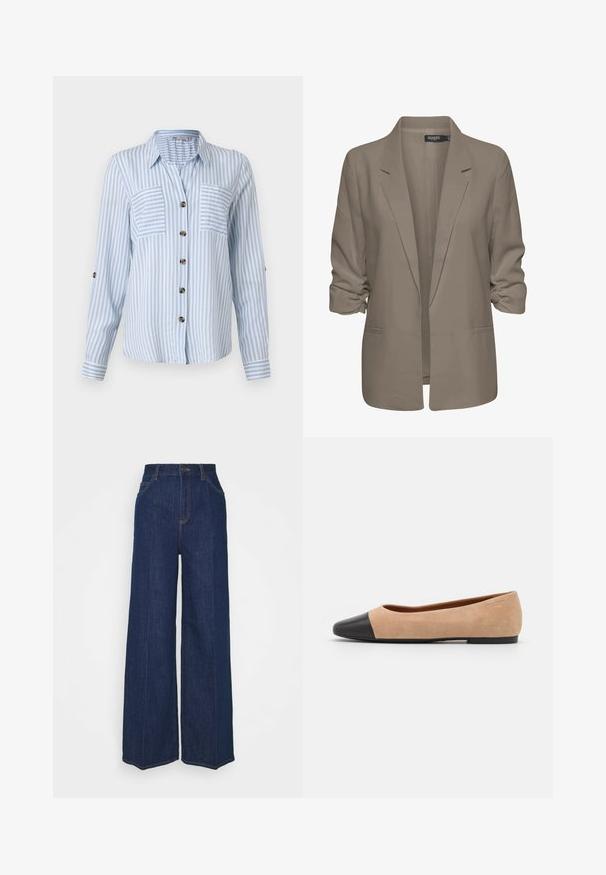 Bež jakna slobodnog kroja, izrađena od glatkog materijala, ima podvrnute rukave, dva bočna džepa i dizajn s izrezanim reverom.; Svijetloplava prugasta košulja dugih rukava s dugim rukavima, dva prednja džepa i smeškim dugmadi. Vertikalne pruge čine svjež uzorak.; Tamno plave traperice s visokim strukom i širokim nogavicama, s prednjim i stražnjim džepovima, zatvaračem na gumb i vidljivim detaljima šivanja.; Bež balerinke od suede materijala s crnim kožnim zaobljenim vrhom, niskom potpeticom i glatkom površinom, s minimalnim šavovima i čistim dizajnom.