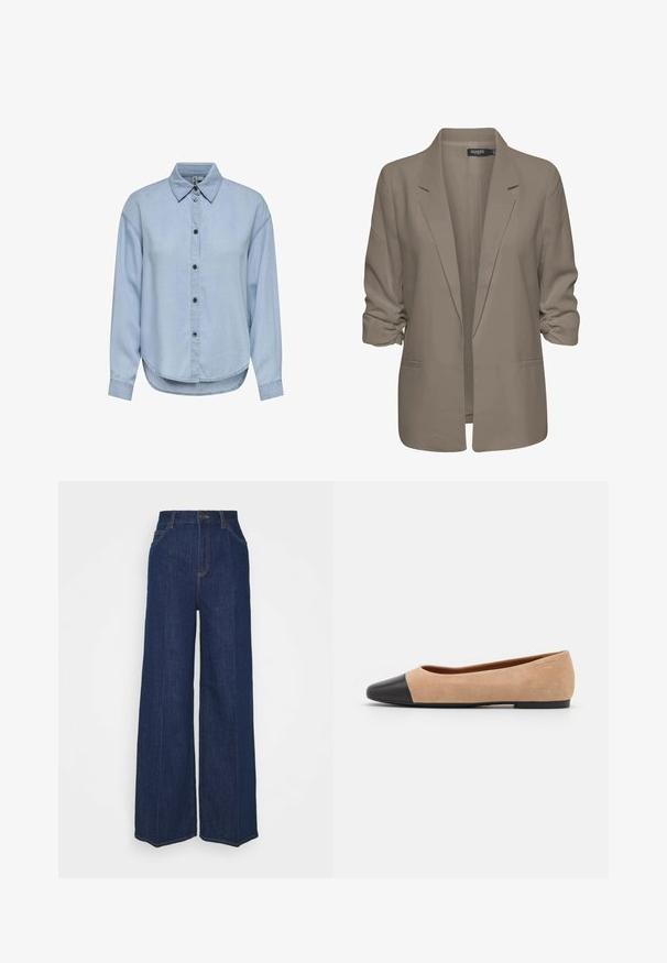 Beżowa, luźno dopasowana marynarka, wykonana z gładkiego materiału, z podwiniętymi rękawami, dwoma bocznymi kieszeniami i klapami w stylu notch.; Jasnoniebieska koszula dżinsowa z guzikiem z przodu, klasycznym kołnierzykiem i długimi rękawami. Posiada luźny krój i zaokrąglony dół.; Jeansy z wysokim stanem, szerokimi nogawkami w ciemnoniebieskim kolorze, z kieszeniami z przodu i z tyłu, z zapięciem na guzik oraz widocznymi detalami w stieniu.; Beżowe zamszowe baleriny z czarnym skórzanym okrągłym noskiem, niskim obcasem i gładką teksturą, charakteryzujące się minimalnym przeszyciem i prostym designem.