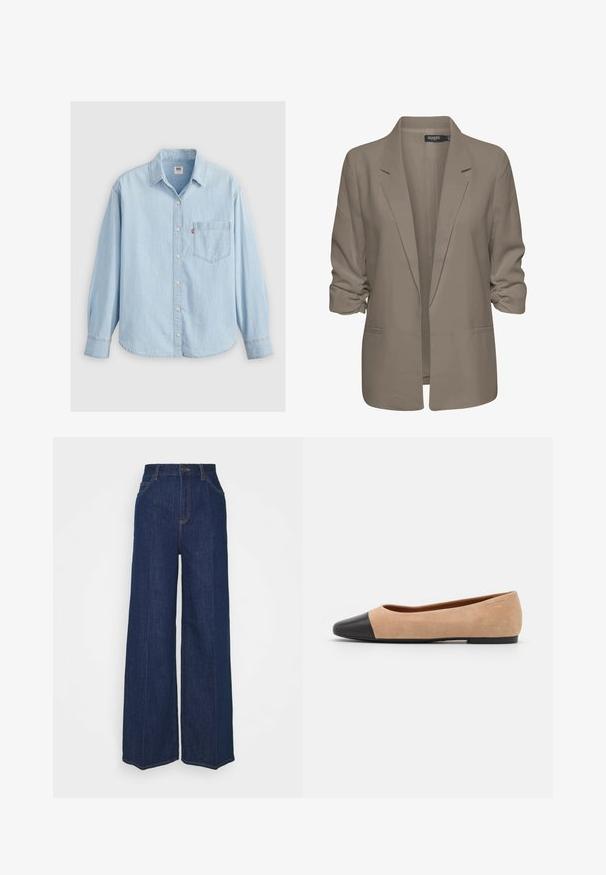 Blazer bej, cu croi lejer, fabrică netedă, are mâneci suflate, două buzunare laterale și un design cu rever zimțat.; Cămașă din denim de culoare albastru deschis, cu guler ascuțit, mâneci lungi, închidere cu nasturi și un buzunar pe piept cu un mic etichetă logo.; Blugi din denim întunecat, cu talie înaltă și picioare largi, cu buzunare laterale și pe spate, închidere cu buton și detalii vizibile de cusătură.; Baletă din suede bej cu vârf rotund din piele neagră, toc jos și textură netedă, având cusături minime și un design curat.