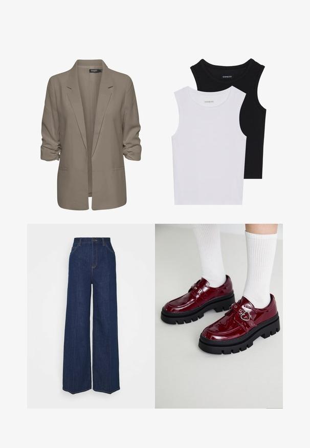 Smėlinis laisvas blazeris, pagamintas iš lygios medžiagos, turi suktus rankovės, dvi šonines kišenes ir įpjautą apykaklę.; Du kamščių be rankovių juodos ir baltos spalvų, pagaminti iš banguoto medvilnės, su apvaliais kaklo iškirpimais ir priglundančiu siluetu. Matomi etiketės abiejuose.; Aukštai juosmens, plačių kojų tamsiai mėlyni džinsai su priekinių ir galinių kišenių, mygtuko uždarymu ir matomais siuvimo detalėmis.; Bordo lakuoto odos batai su storu juodu padu, dviguba dirželis su širdelės detale ir ridikuotomis baltomis kojinėmis. Retro stiliaus dizainas su storomis protektorinėmis gumomis.