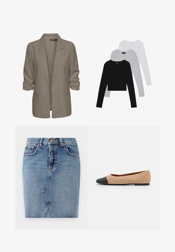 Bézs színű, laza szabású blézer, sima anyagból készült, felgÖngyölt ujjakkal, két oldalsó zsebbel és cakkos rever kialakítással.; Három hosszú ujjú póló egymásra rakva: fekete, szürke és fehér. Mindegyiknek kerek nyaka van, és rövidített fazonnal rendelkezik, sima, könnyű anyagból készült.; Közékkék farmer szoknya, testhezálló fazonnal, elülső zsebekkel és átlós varrásrészlettel. Szabványos derékbőség, fém gombos záródással.; Beige velúr balettcipő fekete bőr kerek orral, alacsony sarokkal és sima textúrával, minimális varrással és letisztult dizájnnal.