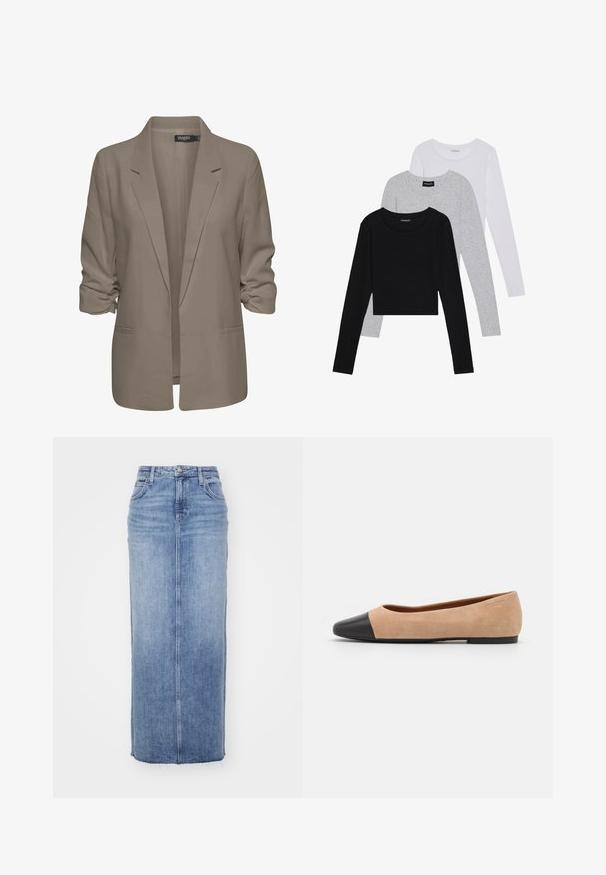 Bež srajcni blazer, ohlapen kroj, izdelan iz gladkega materiala, z zavitimi rokavi, dvema stranskima žepoma in zareznim ovratnikom.; Tri dolga rokava zložena: črna, siva in bela. Vsaka ima okroglo izreznico in skrajšan dizajn z gladkim, lahkotnim materialom.; Denim maksi krilo v svetlo modri barvi, s pravim krojem, sprednjim šivom, raztrganim robom, klasičnim oblikovanjem petih žepov in kovinskim gumbom za zapiranje.; Bež suedska baletna obutev s črnim usnjenim okroglim delom na prstih, nizko peto in gladko teksturo, ki se ponaša z minimalnimi šivi in čistim dizajnom.