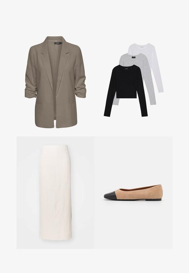Blazer bej, cu croi lejer, fabrică netedă, are mâneci suflate, două buzunare laterale și un design cu rever zimțat.; Trei bluze cu mânecă lungă așezate: neagră, gri și albă. Fiecare are un guler rotund și un design scurt, realizat dintr-un material fin și ușor.; Fustă din in de culoare crem, cu o siluetă dreaptă, de lungime până la genunchi. Prezintă un talie curată și o textură subtilă. Fără accesorii sau detalii vizibile.; Baletă din suede bej cu vârf rotund din piele neagră, toc jos și textură netedă, având cusături minime și un design curat.
