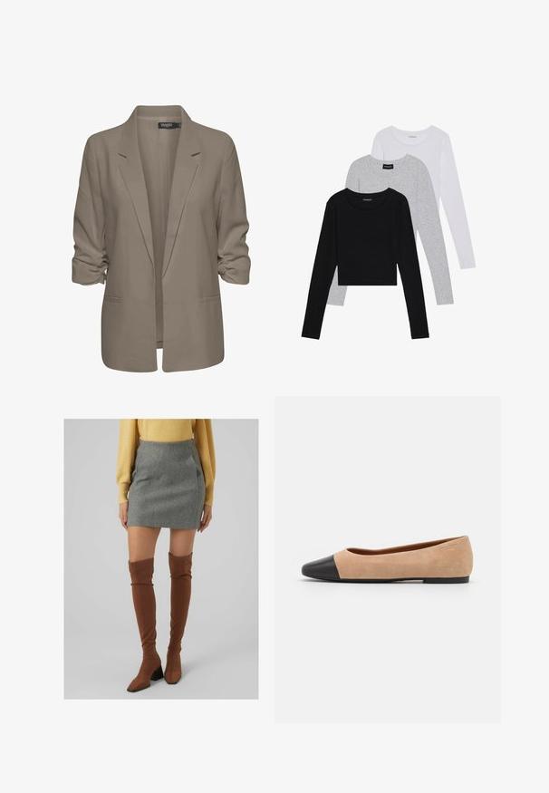 Bež jakna slobodnog kroja, izrađena od glatkog materijala, ima podvrnute rukave, dva bočna džepa i dizajn s izrezanim reverom.; Tri dugih rukava posložena: crna, siva i bijela. Svaka ima okrugli izrez i skrateni kroj s glatkom, laganom tkaninom.; Siva vuna mini suknja u paru s smešnim čizmama do kolena sa potpeticama; elegantna tekstura, prilagođeni oblik i oštri dizajnerski elementi.; Bež balerinke od suede materijala s crnim kožnim zaobljenim vrhom, niskom potpeticom i glatkom površinom, s minimalnim šavovima i čistim dizajnom.