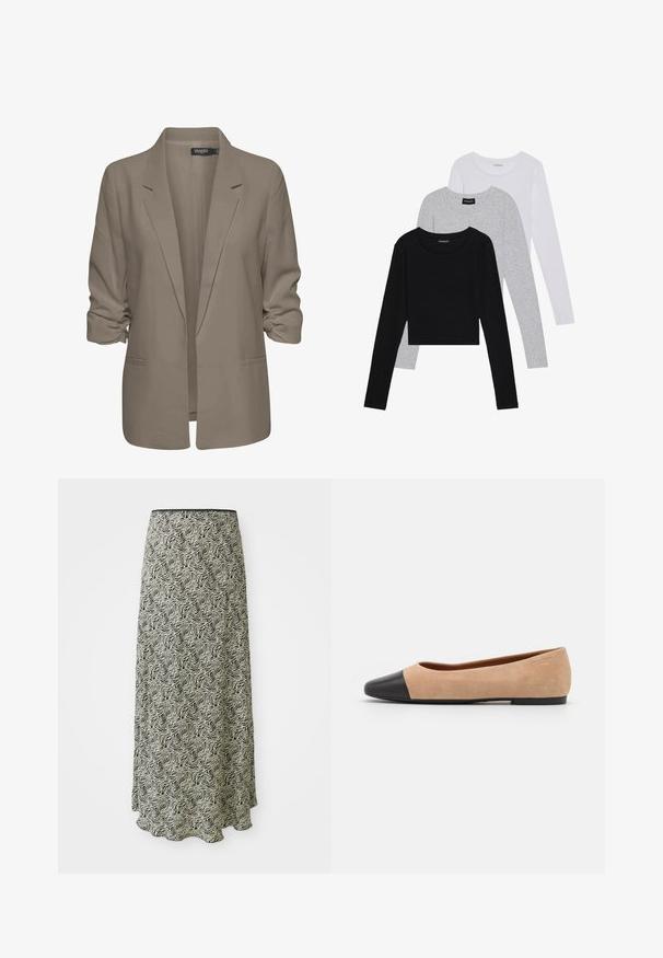 Beige, lockere Blazer aus glattem Stoff, mit umgeschlagenen Ärmeln, zwei seitlichen Taschen und einemreversierten Kragen.; Drei langärmelige Oberteile gestapelt: schwarz, grau und weiß. Jedes hat einen runden Halsausschnitt und ein kurzes Design aus glattem, leichtem Stoff.; Schwarzer und cremefarbener Midirock mit wellenförmigem Muster, glatter Textur und gewelltem Saum; aus leichtem Stoff gefertigt.; Beige Wildleder Ballerina mit einer runden Zehenkappe aus schwarzem Leder, niedrigem Absatz und glatter Textur, mit minimaler Nahtverarbeitung und klarem Design.