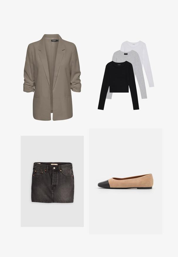 Beige volný blejzr, vyrobený z hladké tkaniny, má ohrnuté rukávy, dvě boční kapsy a klopový design.; Tři trička s dlouhým rukávem naskládaná na sobě: černé, šedé a bílé. Každé má kulatý výstřih a kratší střih z hladkého, lehkého materiálu.; Černá džínová sukně s pěti kapsami, kovovým zapínáním a kontrastním oranžovým prošíváním. Má rovný střih a minimální obnošení.; Béžové semišové baleríny s černou koženou kulatou špičkou, nízkým podpatkem a hladkým povrchem, s minimálním prošíváním a čistým designem.