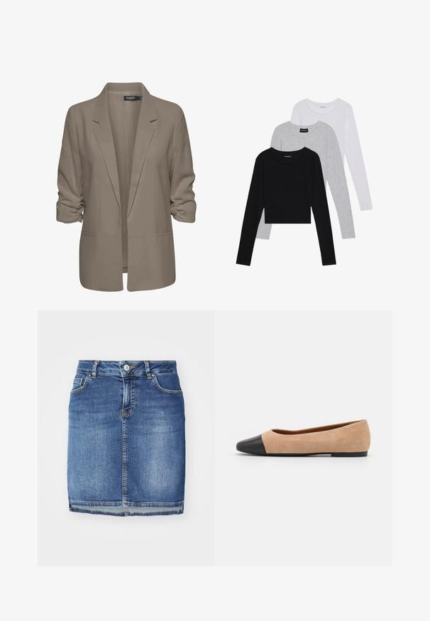 Bež srajcni blazer, ohlapen kroj, izdelan iz gladkega materiala, z zavitimi rokavi, dvema stranskima žepoma in zareznim ovratnikom.; Tri dolga rokava zložena: črna, siva in bela. Vsaka ima okroglo izreznico in skrajšan dizajn z gladkim, lahkotnim materialom.; Denim krilo v temno modri barvi, s ravnim krojem, petimi žepi, zankami za pas in gumbom za zapiranje. Ožje dno s kontrastnim šivanjem.; Bež suedska baletna obutev s črnim usnjenim okroglim delom na prstih, nizko peto in gladko teksturo, ki se ponaša z minimalnimi šivi in čistim dizajnom.