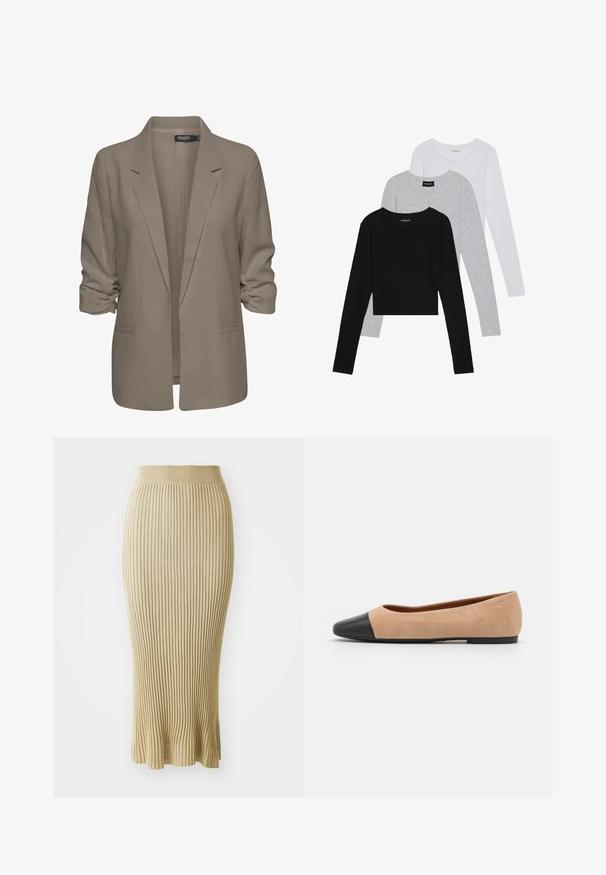 Blazer bej, cu croi lejer, fabrică netedă, are mâneci suflate, două buzunare laterale și un design cu rever zimțat.; Trei bluze cu mânecă lungă așezate: neagră, gri și albă. Fiecare are un guler rotund și un design scurt, realizat dintr-un material fin și ușor.; Fustă tip creion tricotată în bej deschis, cu un model de nervuri verticale, talie strânsă și tiv evazat cu finisaje subtile la baza.; Baletă din suede bej cu vârf rotund din piele neagră, toc jos și textură netedă, având cusături minime și un design curat.