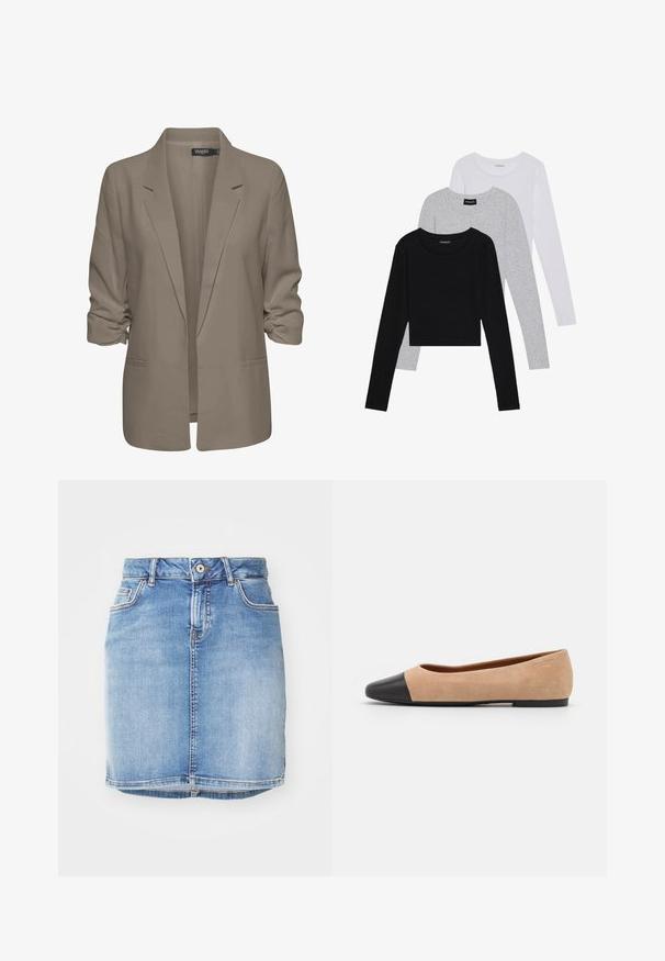 Blazer beige ample, fabriqué en tissu lisse, présente des manches retroussées, deux poches latérales et un design à revers.; Trois hauts à manches longues empilés : noir, gris et blanc. Chacun a un col rond et un design court avec un tissu lisse et léger.; Jupe en denim bleu clair au design ajusté, avec cinq poches et des coutures visibles. Dotée d'une fermeture à bouton à l'avant et d'un ourlet effiloché.; Ballet flat en suédine beige avec un embout rond en cuir noir, petit talon et texture lisse, présentant des coutures minimales et un design épuré.