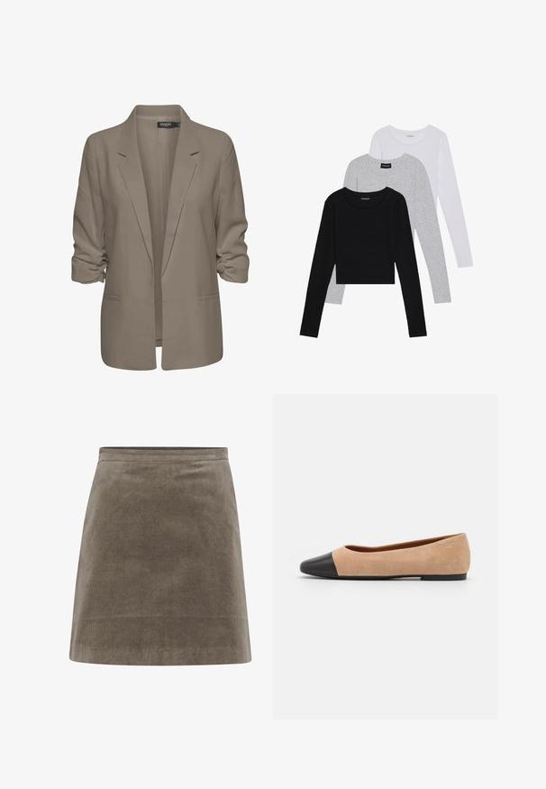 Bežs brīvā piegriezuma žakete, izgatavota no gludas auduma, ar sarullētām piedurknēm, divām sānu kabatām un ar iedziļinātu apkakles dizainu.; Trīs garām piedurknēm veidotas augšdaļas, sakrautās: melna, pelēka un balta. Katram ir noapaļots kakla izgriezums un īsa dizaina forma ar gludu, vieglu audumu.; Krakā krāsas korduroja mini svārki ar taisnu formu, gludu tekstūru un vienkāršu jostu, kas izceļas ar vertikāliem ribotiem rakstiem visā.; Beigā zamšādas balerīnas ar melnu ādas noapaļotu purngalu, zemu papēdi un gludu tekstūru, ar minimālu dūrienu un tīru dizainu.