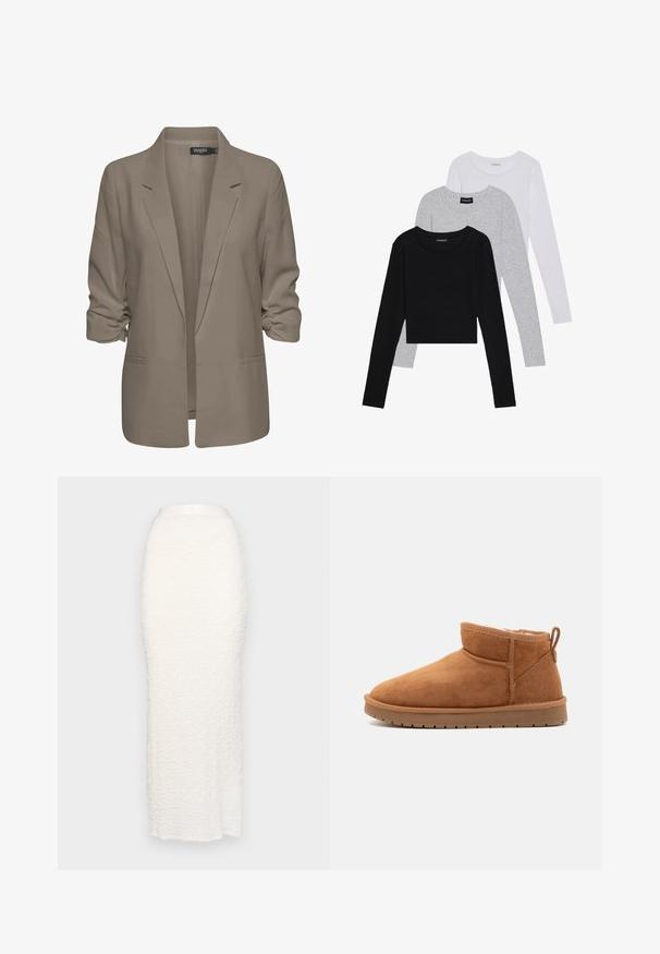 Blazer beige de corte holgado, hecho de tela suave, presenta mangas enrolladas, dos bolsillos laterales y un diseño de solapa muesca.; Tres camisetas de manga larga apiladas: negra, gris y blanca. Cada una tiene un escote redondo y un diseño recortado con una tela suave y ligera.; Gina Tricot STRUCTURE MAXI SKIRT - Falda larga - white; Call it Spring JAMIELEE - Botas para la nieve - camel