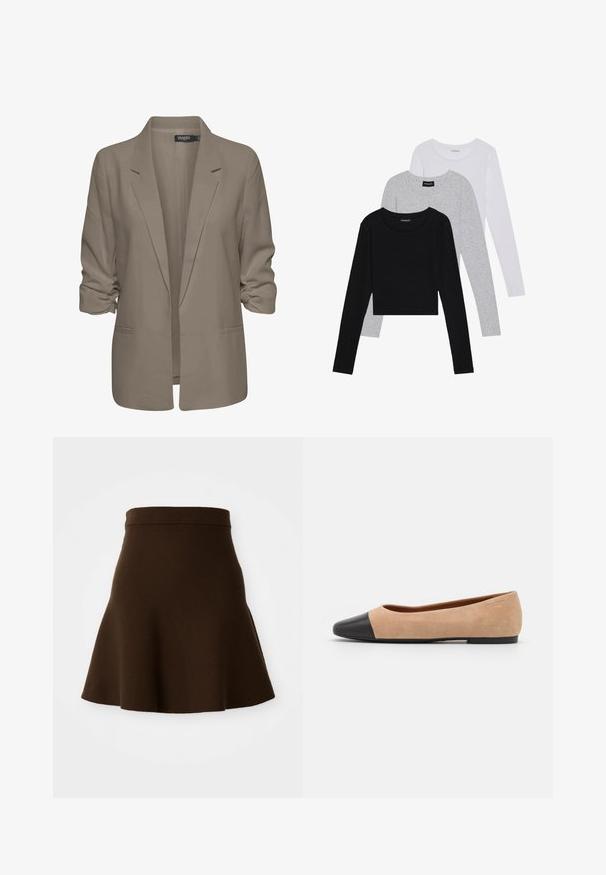 Bež srajcni blazer, ohlapen kroj, izdelan iz gladkega materiala, z zavitimi rokavi, dvema stranskima žepoma in zareznim ovratnikom.; Tri dolga rokava zložena: črna, siva in bela. Vsaka ima okroglo izreznico in skrajšan dizajn z gladkim, lahkotnim materialom.; Brahk pleteni krilo iz mehke tkanine z gladko teksturo. Ima oprijet pas in zasnovo do kolen, brez vidnih vzorcev.; Bež suedska baletna obutev s črnim usnjenim okroglim delom na prstih, nizko peto in gladko teksturo, ki se ponaša z minimalnimi šivi in čistim dizajnom.