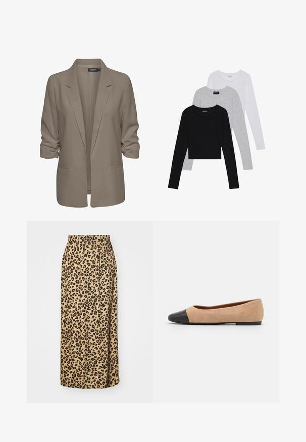 Blazer beige de corte holgado, hecho de tela suave, presenta mangas enrolladas, dos bolsillos laterales y un diseño de solapa muesca.; Tres camisetas de manga larga apiladas: negra, gris y blanca. Cada una tiene un escote redondo y un diseño recortado con una tela suave y ligera.; Falda larga de tela beige con estampado de leopardo, con cinturilla elástica, que presenta una textura suave y un diseño plisado.; Bailarina de ante beige con una puntera redondeada de cuero negro, tacón bajo y textura suave, que presenta costuras mínimas y un diseño limpio.