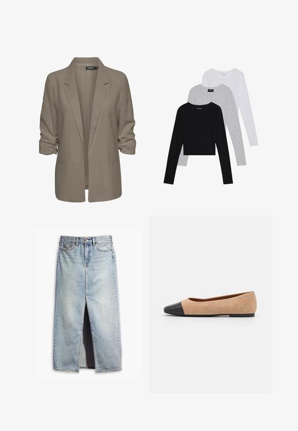 Blazer beige ample, fabriqué en tissu lisse, présente des manches retroussées, deux poches latérales et un design à revers.; Trois hauts à manches longues empilés : noir, gris et blanc. Chacun a un col rond et un design court avec un tissu lisse et léger.; Jupe en denim bleu clair avec fente avant, design à cinq poches et fermeture à bouton. Présente un tissu délavé et des accents d'ourlet brut.; Ballet flat en suédine beige avec un embout rond en cuir noir, petit talon et texture lisse, présentant des coutures minimales et un design épuré.