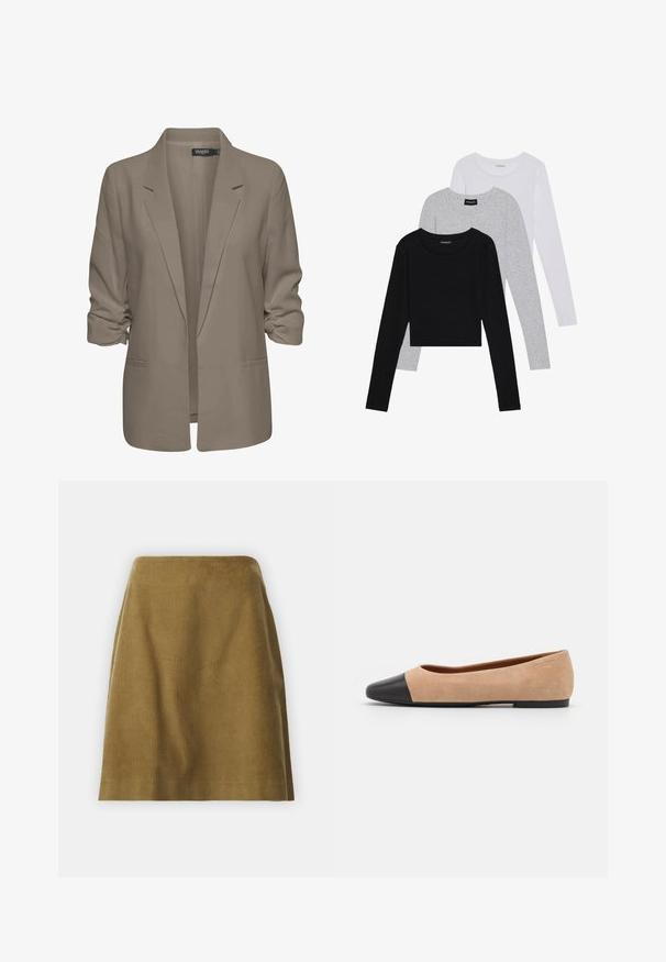 Bežs brīvā piegriezuma žakete, izgatavota no gludas auduma, ar sarullētām piedurknēm, divām sānu kabatām un ar iedziļinātu apkakles dizainu.; Trīs garām piedurknēm veidotas augšdaļas, sakrautās: melna, pelēka un balta. Katram ir noapaļots kakla izgriezums un īsa dizaina forma ar gludu, vieglu audumu.; Selected Femme SLFJENNY NEWIBI SKIRT - A-silueta svārki - camel; Beigā zamšādas balerīnas ar melnu ādas noapaļotu purngalu, zemu papēdi un gludu tekstūru, ar minimālu dūrienu un tīru dizainu.