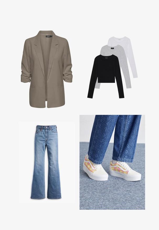 Beige lõdvalt istuv bleiser, valmistatud siledast kangast, millel on üleskeeratud varrukad, kaks küljetaskut ja lõikega krae.; Kolm pikkade varrukatega toppi, mis on üksteise peale asetatud: must, hall ja valge. Igal ühel on ümar kaelus ja lühike disain, valmistatud siledast, kergekaalulisest kangast.; Heledad sinine kõrge vöökohaga teksapüksid kerge laienemisega, ees nupuga sulgemine, vöödega aasad ja viie tasku disain.; Platvormi tennisjalad valge kangast varbaga, mitmevärviline ruuduline muster roosa ja kollase värviga ning valged kummitaldad. Textuursed teksapüksid.