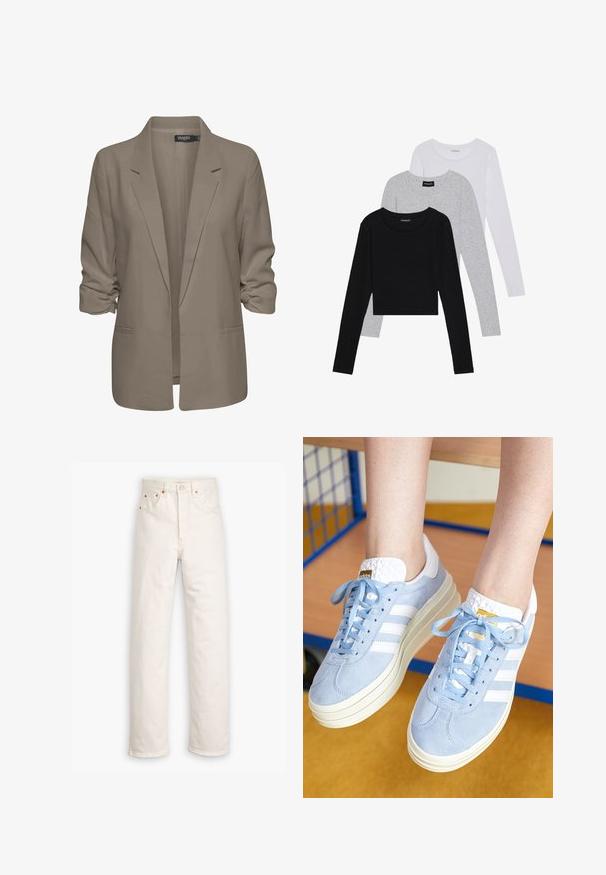 Béžový voľný sako, vyrobené z hladkej látky, má zrolované rukávy, dve bočné vrecká a design so zárezom na klopách.; Tričko s dlhým rukávom v troch farbách: čiernej, sivej a bielej. Každé má okrúhly výstrih a skrátený strih vyrobený z hladkej, ľahkej tkaniny.; Biele džínsy z denimu so stright-leg strihom, päť-vreckovým štýlom a medenými kovovými doplnkami. Nerovný lem na členkoch.; adidas Originals GAZELLE BOLD - Tenisky - clear sky/footwear white/gold metallic