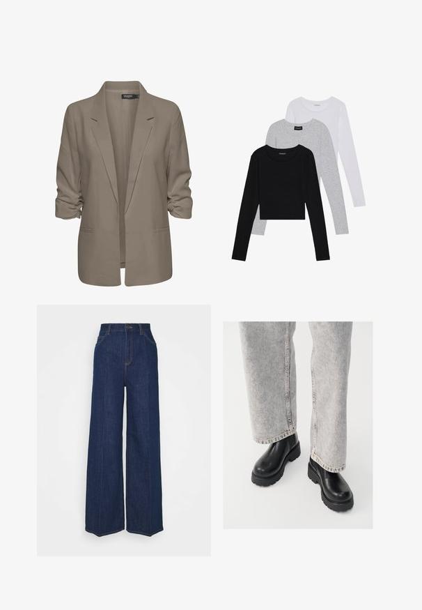 Blazer bej, cu croi lejer, fabrică netedă, are mâneci suflate, două buzunare laterale și un design cu rever zimțat.; Trei bluze cu mânecă lungă așezate: neagră, gri și albă. Fiecare are un guler rotund și un design scurt, realizat dintr-un material fin și ușor.; Blugi din denim întunecat, cu talie înaltă și picioare largi, cu buzunare laterale și pe spate, închidere cu buton și detalii vizibile de cusătură.; Vagabond COSMO - Botine cu platformă - black