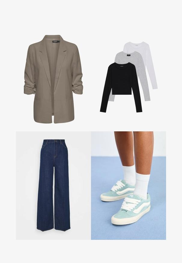 Bež jakna slobodnog kroja, izrađena od glatkog materijala, ima podvrnute rukave, dva bočna džepa i dizajn s izrezanim reverom.; Tri dugih rukava posložena: crna, siva i bijela. Svaka ima okrugli izrez i skrateni kroj s glatkom, laganom tkaninom.; Tamno plave traperice s visokim strukom i širokim nogavicama, s prednjim i stražnjim džepovima, zatvaračem na gumb i vidljivim detaljima šivanja.; Svijetloplave nubuk tenisice s bijelim naglasima i vezicama. Zaobljeni nos s teksturiranom gornjom strukturom. Nosit će se s bijelim člančićima na plavoj podlozi.