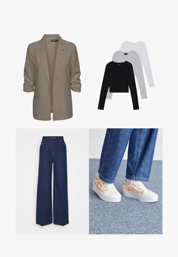 Blazer beige dal taglio morbido, realizzato in tessuto liscio, con maniche arrotolate, due tasche laterali e design con revers a punta.; Tre magliette a maniche lunghe impilate: nera, grigia e bianca. Ognuna ha un colletto rotondo e un design accorciato con tessuto morbido e leggero.; Jeans in denim blu scuro a vita alta e gamba larga, con tasche frontali e posteriori, chiusura con bottone e dettagli di cucitura visibili.; Sneaker platform con punta in tela bianca, motivo a scacchi multicolore in rosa e giallo, e suole in gomma bianca. Pantaloni in denim strutturato.