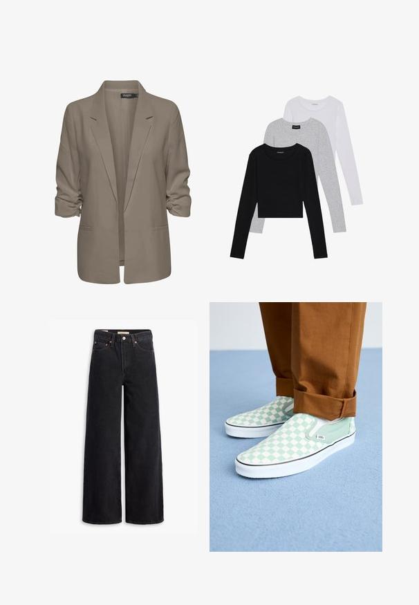 Beige lõdvalt istuv bleiser, valmistatud siledast kangast, millel on üleskeeratud varrukad, kaks küljetaskut ja lõikega krae.; Kolm pikkade varrukatega toppi, mis on üksteise peale asetatud: must, hall ja valge. Igal ühel on ümar kaelus ja lühike disain, valmistatud siledast, kergekaalulisest kangast.; Mustad laiad teksad, mis on valmistatud denimist, viie tasku, vase nuppe ja klassikalise nööbiga kinnitusega. Sile tekstuur ja puhas disain.; Jalade pruunides pükstes, jalas pastellroheline ja valge ruuduline slip-on Vans'i jalats, valgelt sinisel vaibal.