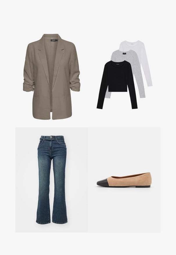 Bež srajcni blazer, ohlapen kroj, izdelan iz gladkega materiala, z zavitimi rokavi, dvema stranskima žepoma in zareznim ovratnikom.; Tri dolga rokava zložena: črna, siva in bela. Vsaka ima okroglo izreznico in skrajšan dizajn z gladkim, lahkotnim materialom.; Temno modri razširjeni kavbojki z visokim pasom, narejeni iz denima. Imajo sprednje žepe, gumbno zapiranje in subtilno bledenje na stegnu.; Bež suedska baletna obutev s črnim usnjenim okroglim delom na prstih, nizko peto in gladko teksturo, ki se ponaša z minimalnimi šivi in čistim dizajnom.