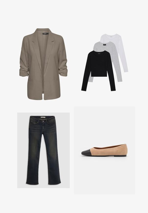 Beige, lockere Blazer aus glattem Stoff, mit umgeschlagenen Ärmeln, zwei seitlichen Taschen und einemreversierten Kragen.; Drei langärmelige Oberteile gestapelt: schwarz, grau und weiß. Jedes hat einen runden Halsausschnitt und ein kurzes Design aus glattem, leichtem Stoff.; Dunkelblaue Jeans aus Denim mit geradem Beinschnitt, fünf Taschen und dezenten Ausbleichdetails. Verschluss mit oberem Knopf und Gürtelschlaufen.; Beige Wildleder Ballerina mit einer runden Zehenkappe aus schwarzem Leder, niedrigem Absatz und glatter Textur, mit minimaler Nahtverarbeitung und klarem Design.