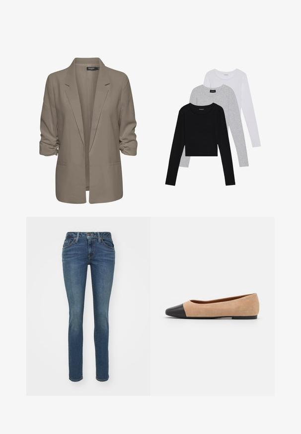 Blazer beige de corte holgado, hecho de tela suave, presenta mangas enrolladas, dos bolsillos laterales y un diseño de solapa muesca.; Tres camisetas de manga larga apiladas: negra, gris y blanca. Cada una tiene un escote redondo y un diseño recortado con una tela suave y ligera.; Vaqueros ajustados de mezclilla azul con cinco bolsillos, costuras visibles y cierre de cremallera. Presentan una textura ligeramente descolorida para un detalle adicional.; Bailarina de ante beige con una puntera redondeada de cuero negro, tacón bajo y textura suave, que presenta costuras mínimas y un diseño limpio.