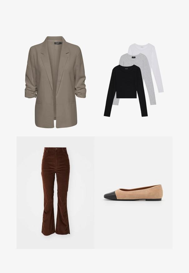 Bézs színű, laza szabású blézer, sima anyagból készült, felgÖngyölt ujjakkal, két oldalsó zsebbel és cakkos rever kialakítással.; Három hosszú ujjú póló egymásra rakva: fekete, szürke és fehér. Mindegyiknek kerek nyaka van, és rövidített fazonnal rendelkezik, sima, könnyű anyagból készült.; Magas derekú barna kordbársony nadrág, elülső zsebekkel és kiszélesedő lábakkal, amelyek külső varrásain zippzárokkal rendelkeznek.; Beige velúr balettcipő fekete bőr kerek orral, alacsony sarokkal és sima textúrával, minimális varrással és letisztult dizájnnal.