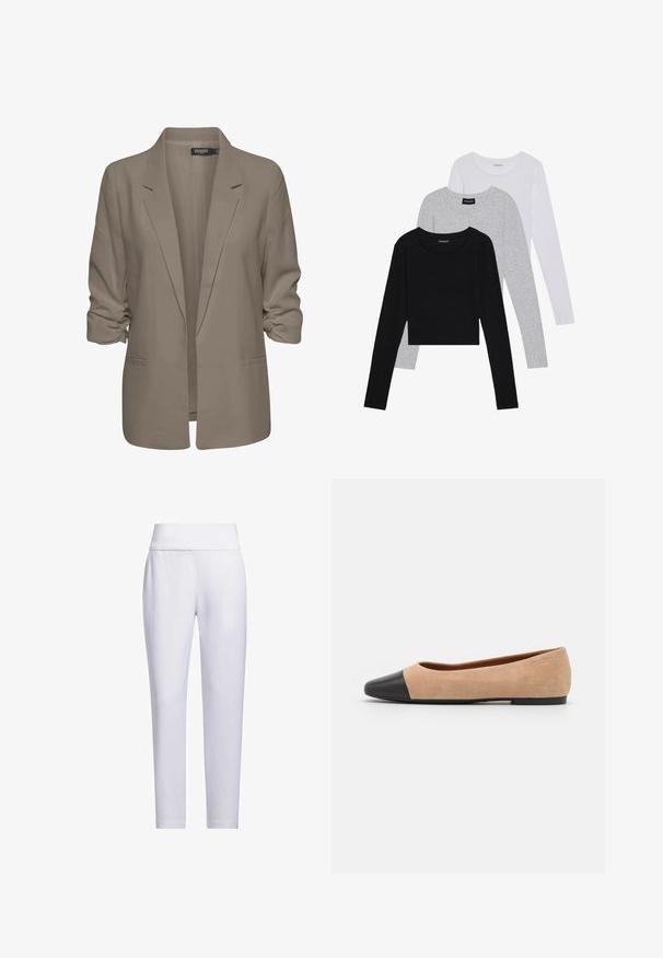 Béžový voľný sako, vyrobené z hladkej látky, má zrolované rukávy, dve bočné vrecká a design so zárezom na klopách.; Tričko s dlhým rukávom v troch farbách: čiernej, sivej a bielej. Každé má okrúhly výstrih a skrátený strih vyrobený z hladkej, ľahkej tkaniny.; Biele, priliehavé nohavice so širokým pásom, hladkou textúrou a bez viditeľných vreciek alebo vzorov, s zužujúcim sa strihom nohavíc.; Béžové semišové baletky s čiernou koženou okrúhlou špičkou, nízkym podpätkom a hladkou textúrou, s minimálnym prešívaním a čistým dizajnom.
