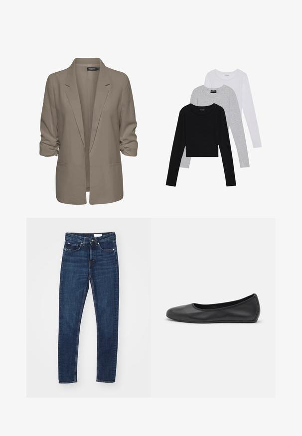 Bézs színű, laza szabású blézer, sima anyagból készült, felgÖngyölt ujjakkal, két oldalsó zsebbel és cakkos rever kialakítással.; Három hosszú ujjú póló egymásra rakva: fekete, szürke és fehér. Mindegyiknek kerek nyaka van, és rövidített fazonnal rendelkezik, sima, könnyű anyagból készült.; Sötétkék farmernadrág, slim fit szabással, gombos és cipzáras záródással, öt zsebbel és kontrasztos varrási részletekkel.; Fekete bőr balettcipő lekerekített orral, sima tekstúrával, minimális varrással és rugalmas talp kialakítással.