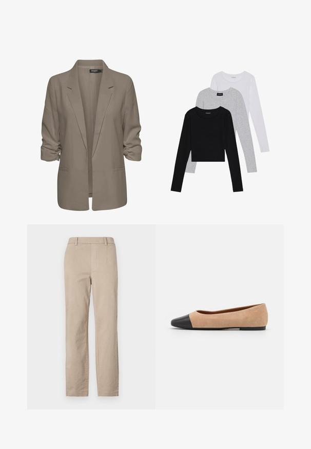 Beige lös passande blazer, tillverkad av mjukt tyg, har uppvikt ärmar, två sidofickor och en notch-lapel-design.; Tre långärmade tröjor staplade: svart, grå och vit. Var och en har en rund halsringning och en kort design med mjukt, lätt material.; Beige bomullsbyxor med rak bendesign, med bälteshällor och utan synliga dekorationer eller mönster.; Beige mockasins med rund svart lädertå, låg klack och mjuk yta, med minimal sömnad och en ren design.