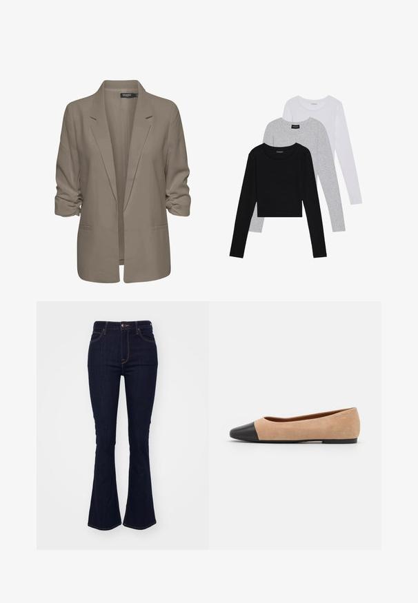 Bežs brīvā piegriezuma žakete, izgatavota no gludas auduma, ar sarullētām piedurknēm, divām sānu kabatām un ar iedziļinātu apkakles dizainu.; Trīs garām piedurknēm veidotas augšdaļas, sakrautās: melna, pelēka un balta. Katram ir noapaļots kakla izgriezums un īsa dizaina forma ar gludu, vieglu audumu.; Tumši zili, platā krāsa, džinsu bikses ar augstu jostasvietu, piecu kabatu dizainu un kontrastējošiem oranžiem diegiem gar šuvēm.; Beigā zamšādas balerīnas ar melnu ādas noapaļotu purngalu, zemu papēdi un gludu tekstūru, ar minimālu dūrienu un tīru dizainu.